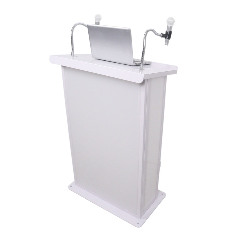 ProX X-MAESTROMEDIA WH Maestro Multi-Media Lectern Podium For LED Flatscreen TVs up to 32″ with 2 Gooseneck Mic Stands White Finish