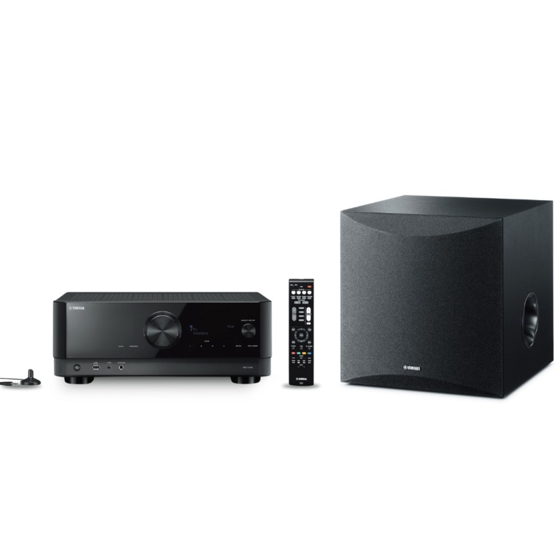 Yamaha Home Theater Bundle: RX-V4A 5.2-Channel AV Receiver + NS-SW100BL 10″ 100W Subwoofer (Black) Bundle