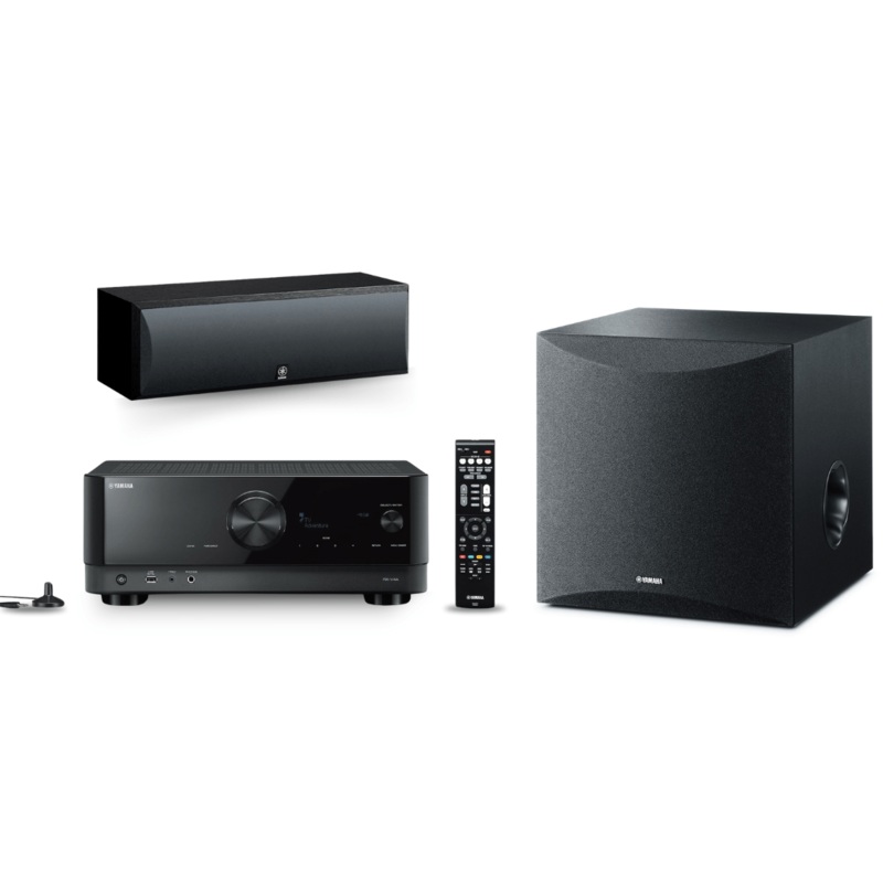 Yamaha RX-V4A 5.2-Channel AV Receiver + NS-SW050BL 8″ 100W Powered Subwoofer + NS-C210BL Center Channel Speaker (Black) Bundle