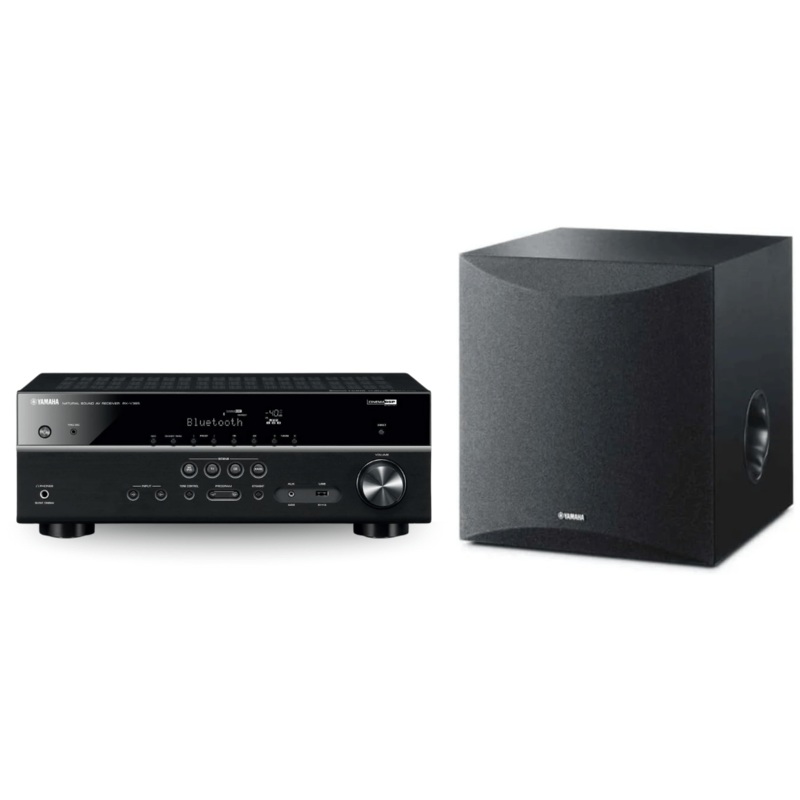 Yamaha RX-V385 5.1-Channel 4K Ultra HD AV Receiver with NS-SW050BL 8″ 100W Powered Subwoofer (Bundle)