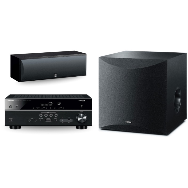Yamaha RX-V385 5.1-Channel 4K Ultra HD AV Receiver with NS-SW100BL 10″ 100W Powered Subwoofer and NS-C210BL Center Channel Speaker (Bundle)