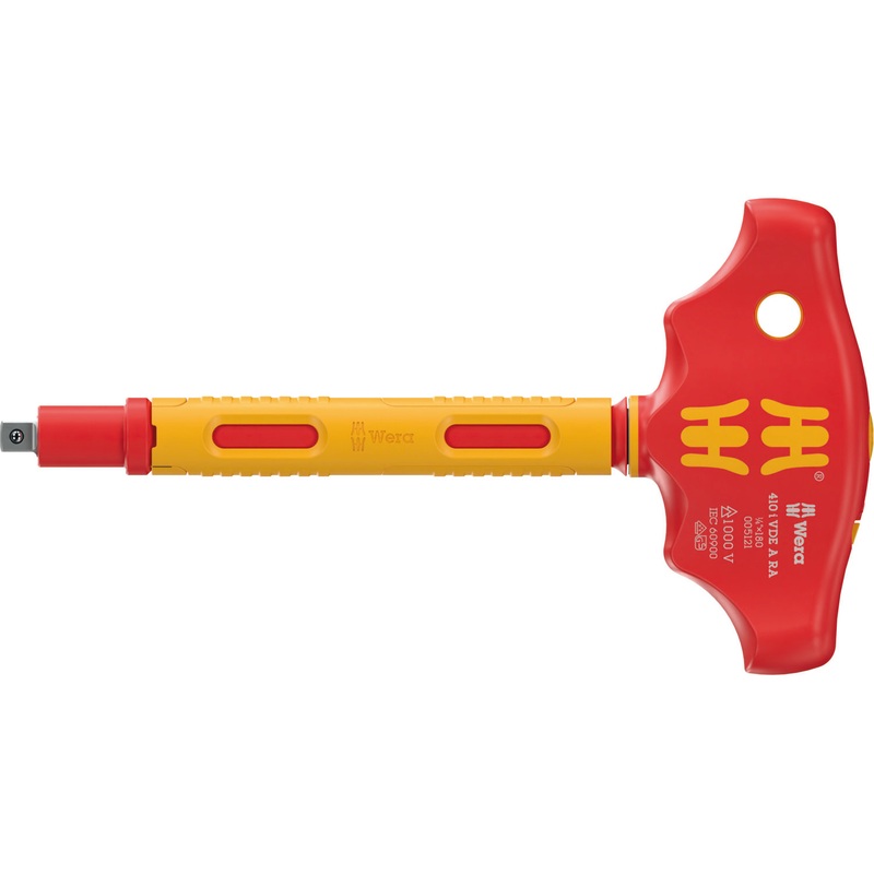 Wera 410 i VDE A RA VDE-insulated T-handle adapter screwdriver with ratchet functionality for 1/4″ sockets