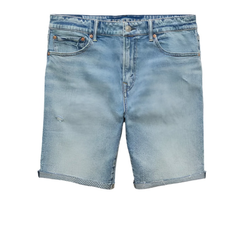American Eagle Mens AE AirFlex+ Distressed 9″ Denim Shorts