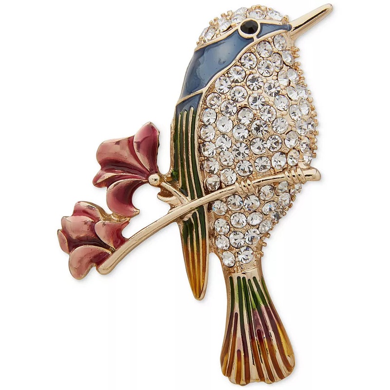 Anne Klein Gold-Tone Crystal Bird On Branch Brooch Pin