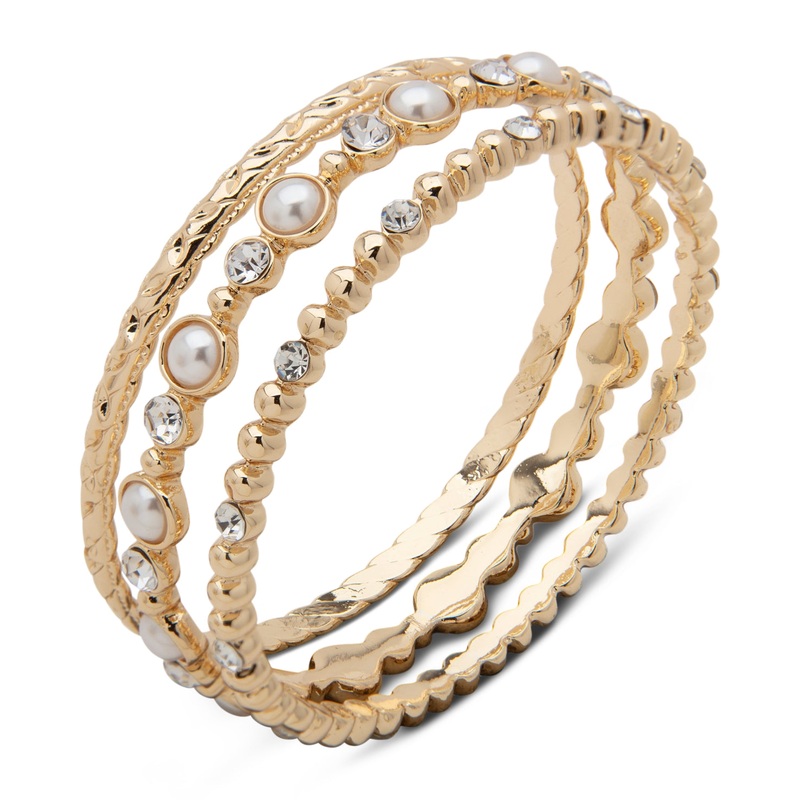 Anne Klein Gold-Tone Crystal & Pearl Bangle Bracelet – Set Of 3