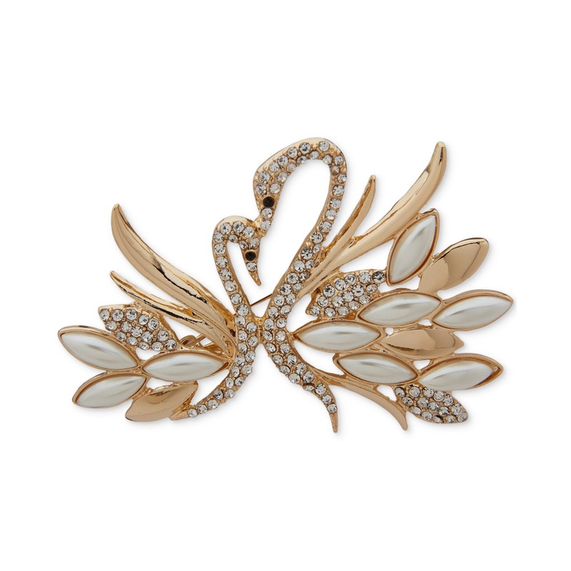 Anne Klein Gold-Tone Pearl & Crystal Swans Brooch Pin