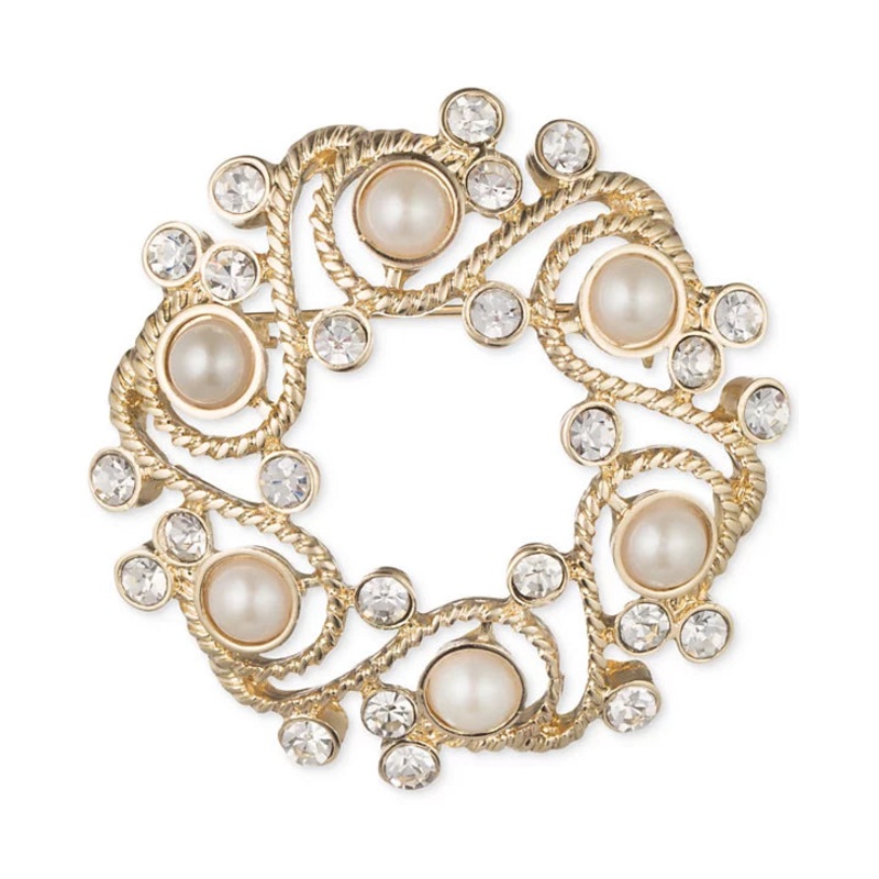 Anne Klein Gold-Tone Pearl & Crystal Wreath Brooch Pin