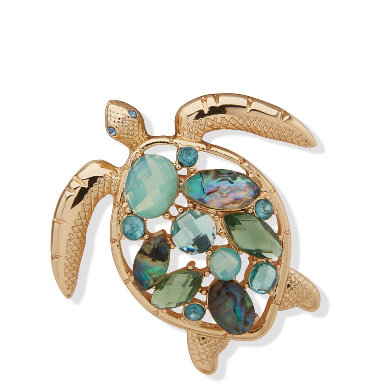 Anne Klein Boxed Gold-Plated Green Crystal Turtle Brooch