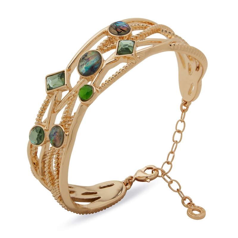 Anne Klein Boxed Gold-Plated Multi Row Green Stone Cuff Bracelet