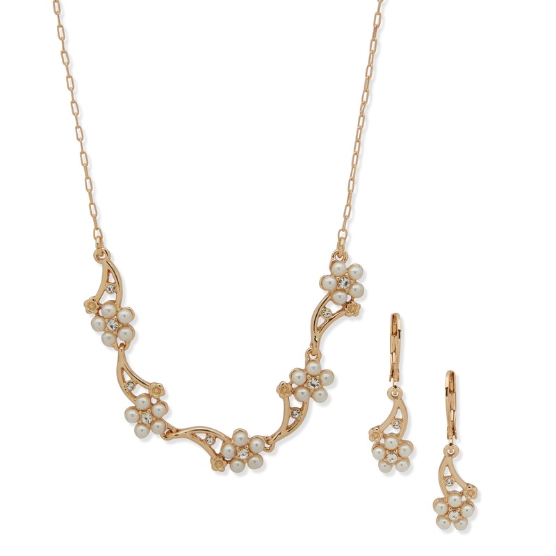 Anne Klein Gold-Plated Floral Pearl Necklace & Earring Set