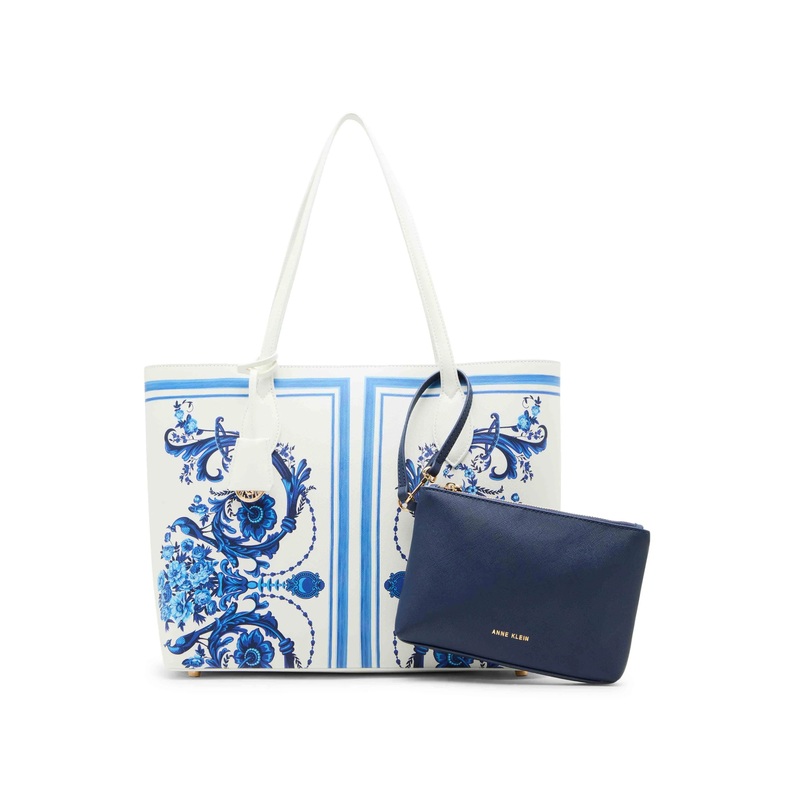 Anne Klein Large Blue Toile Bonded Tote Handbag
