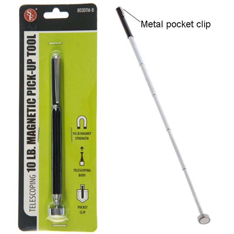 24″ Telescoping 10Lb Magnet Pick Up Tool with Black Grip & Pocket Clip