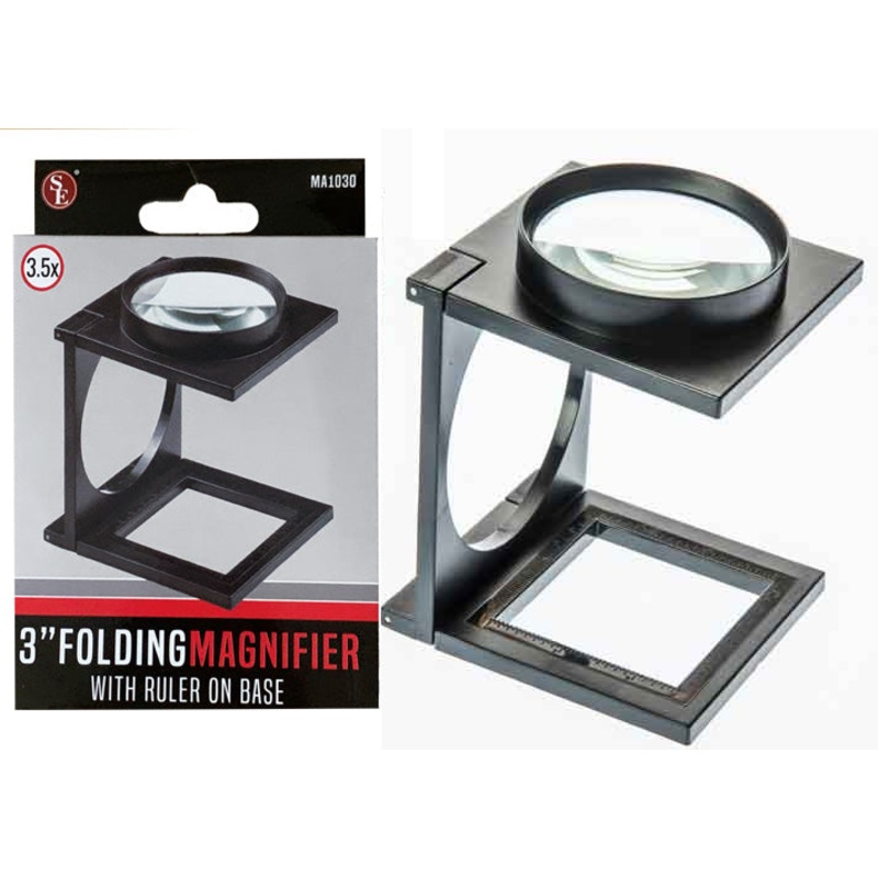 3″ Diameter 3.5x Folding Glass Lens Magnifier with Inch/MM Ruler on Base