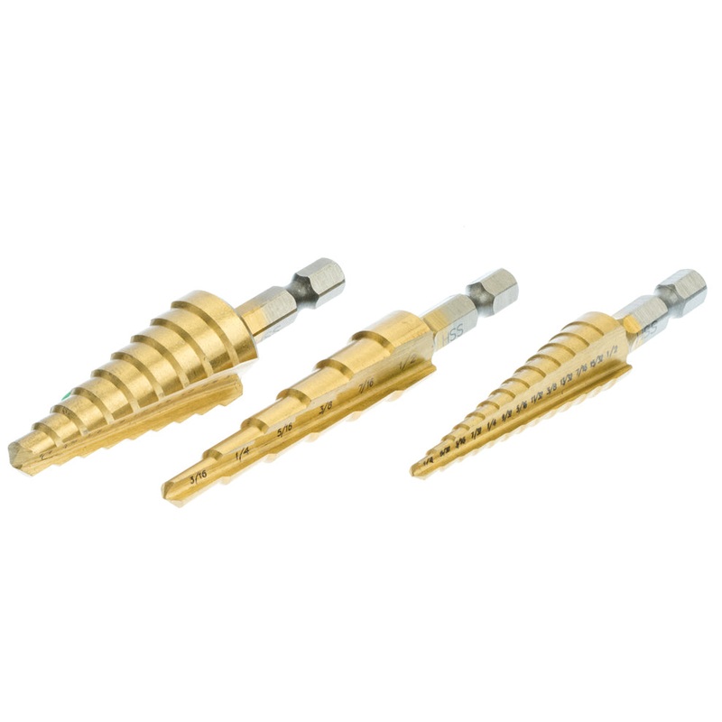 3 Piece Set of High Speed Steel Titanium Nitride Coated Step Drill Bits