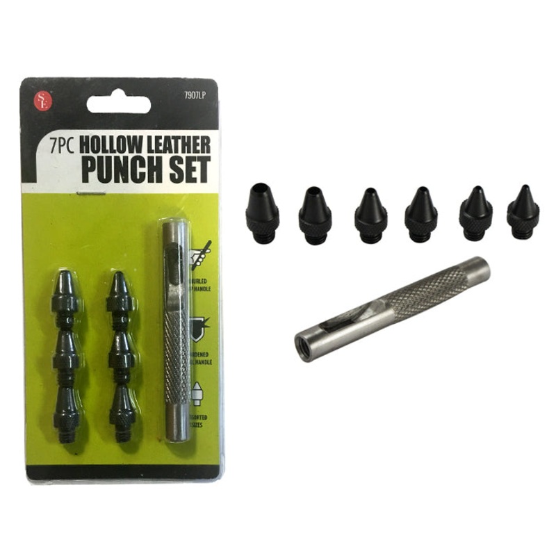 7 Piece Hollow Leather Punch Set with 5 Punches & 3.5″ Knurled Grip Steel Handle